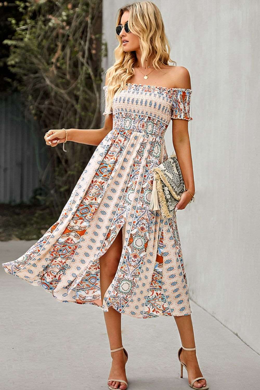 Bohemian Off-Shoulder Frill Trim Split Maxi Dress Light Apricot