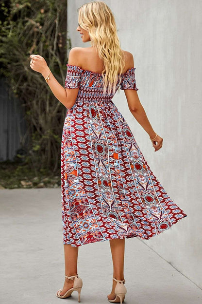 Bohemian Off-Shoulder Frill Trim Split Maxi Dress