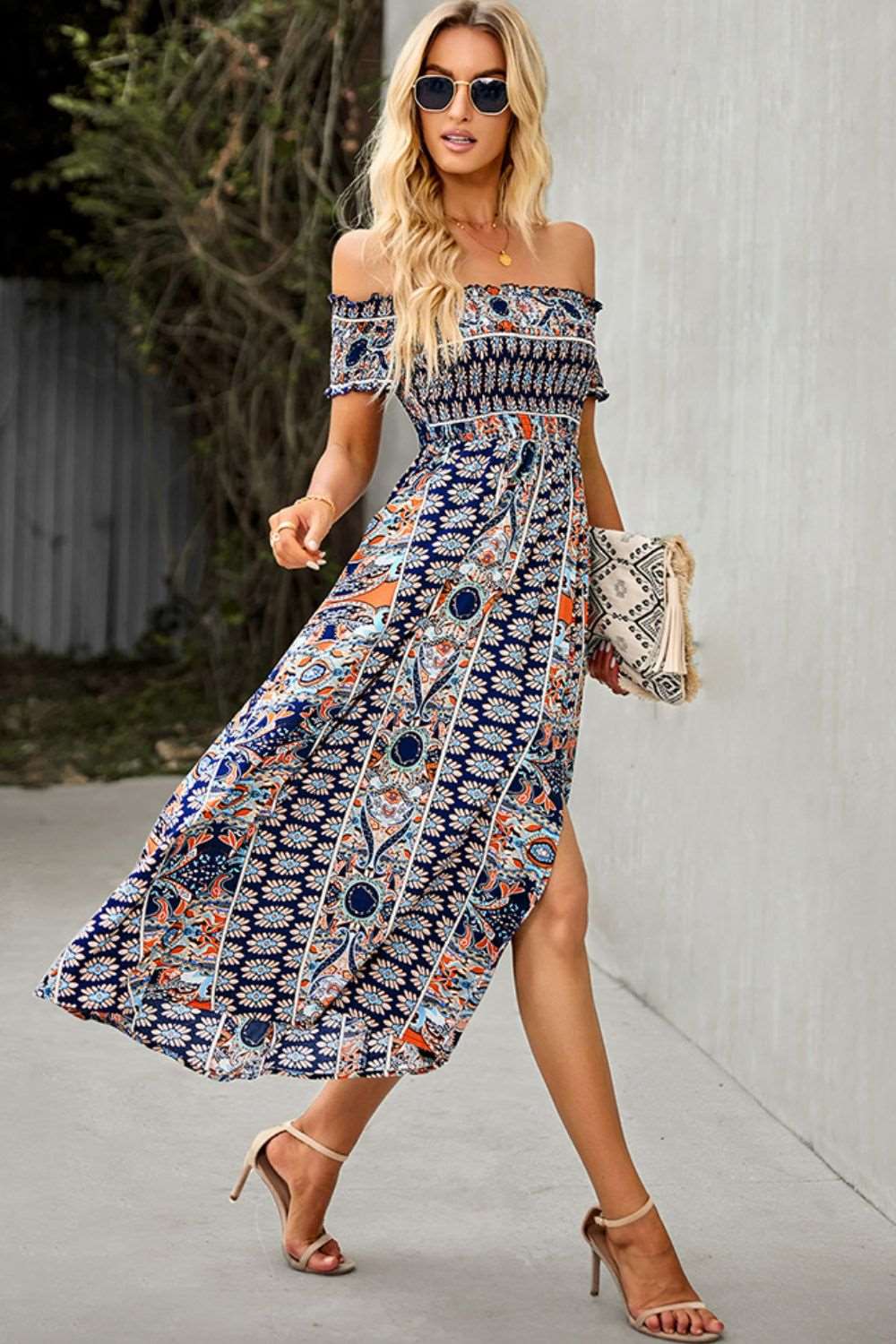 Bohemian Off-Shoulder Frill Trim Split Maxi Dress