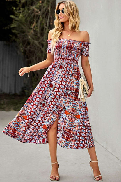 Bohemian Off-Shoulder Frill Trim Split Maxi Dress Wine