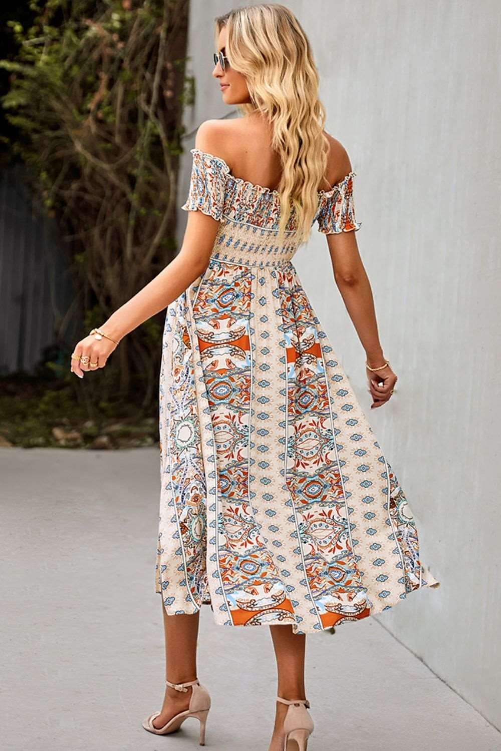 Bohemian Off-Shoulder Frill Trim Split Maxi Dress