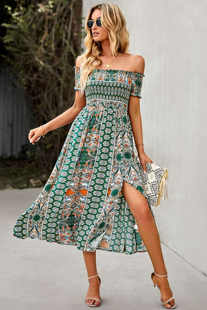 Bohemian Off-Shoulder Frill Trim Split Maxi Dress Green