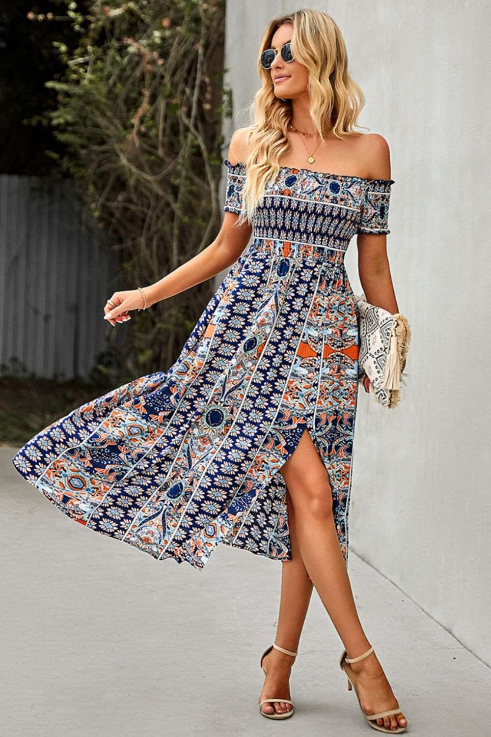 Bohemian Off-Shoulder Frill Trim Split Maxi Dress Navy