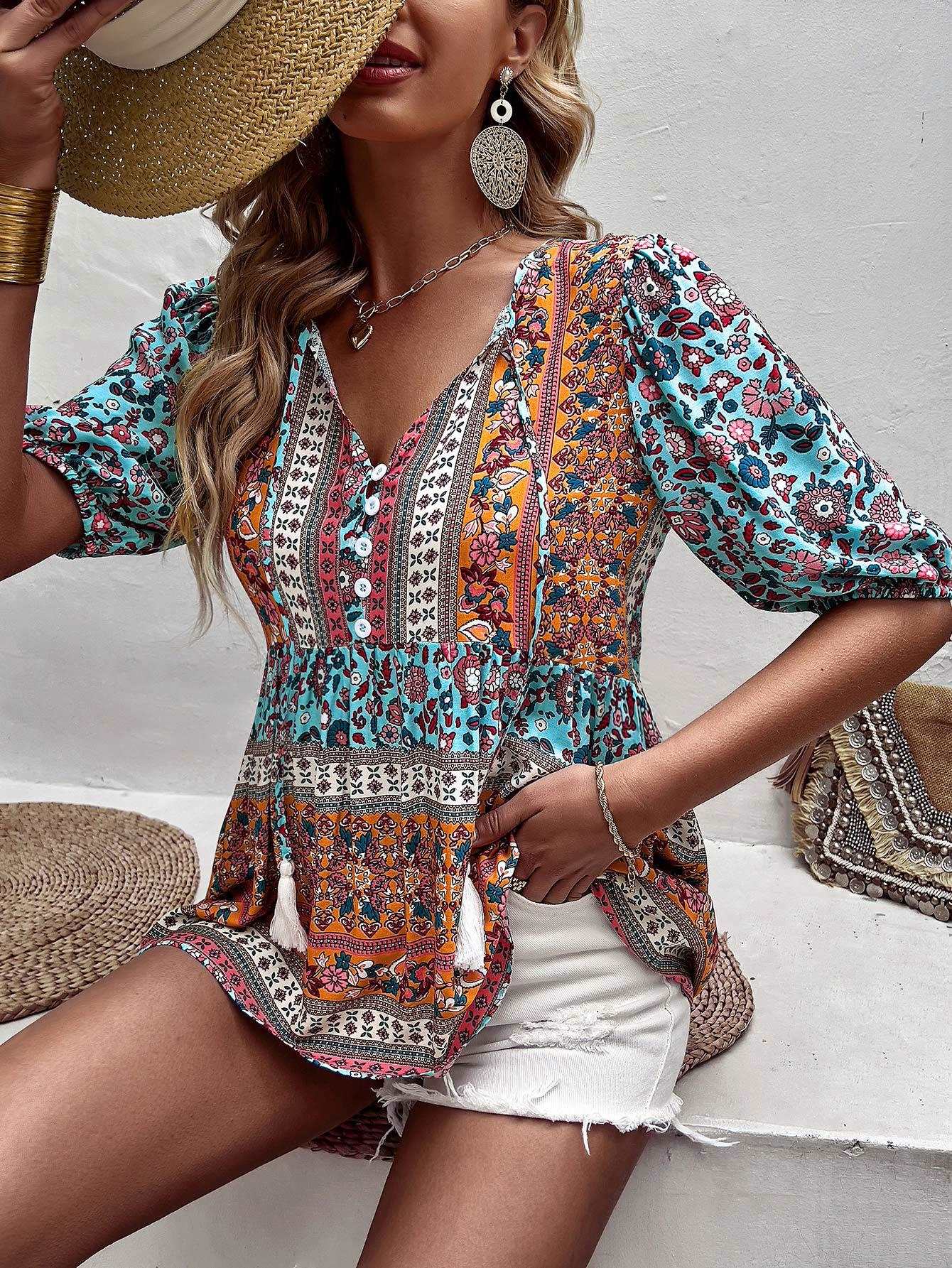 Bohemian Tassel Puff Sleeve Babydoll Top with Tie-Up Neck
