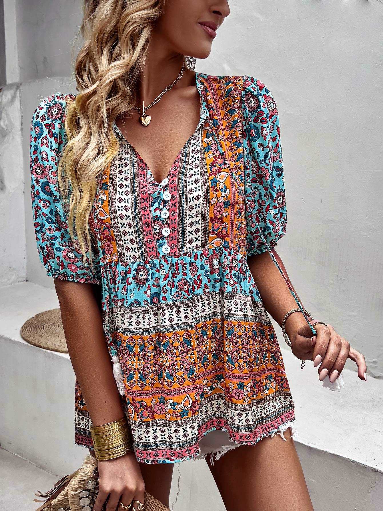 Bohemian Tassel Puff Sleeve Babydoll Top with Tie-Up Neck
