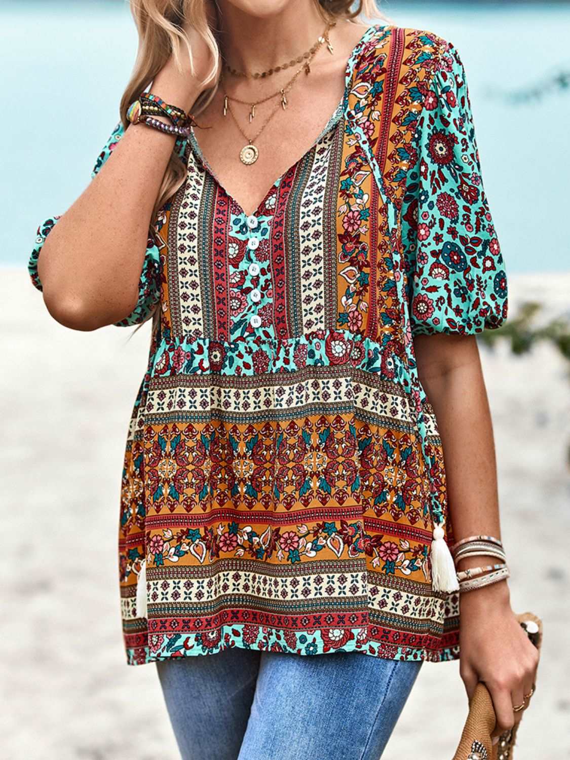 Bohemian Tie-Neck Babydoll Top with Flutter Sleeves