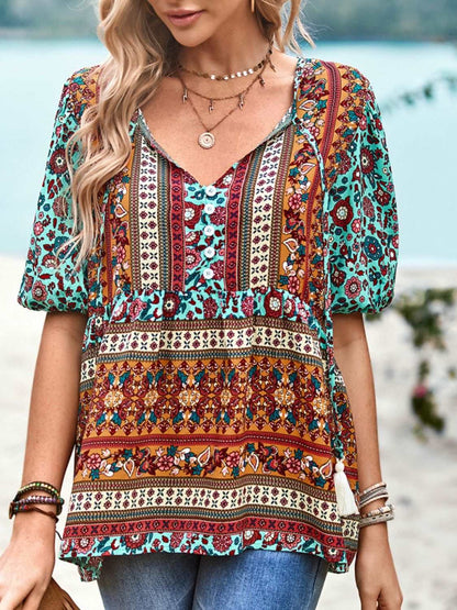 Bohemian Tie-Neck Babydoll Top with Flutter Sleeves