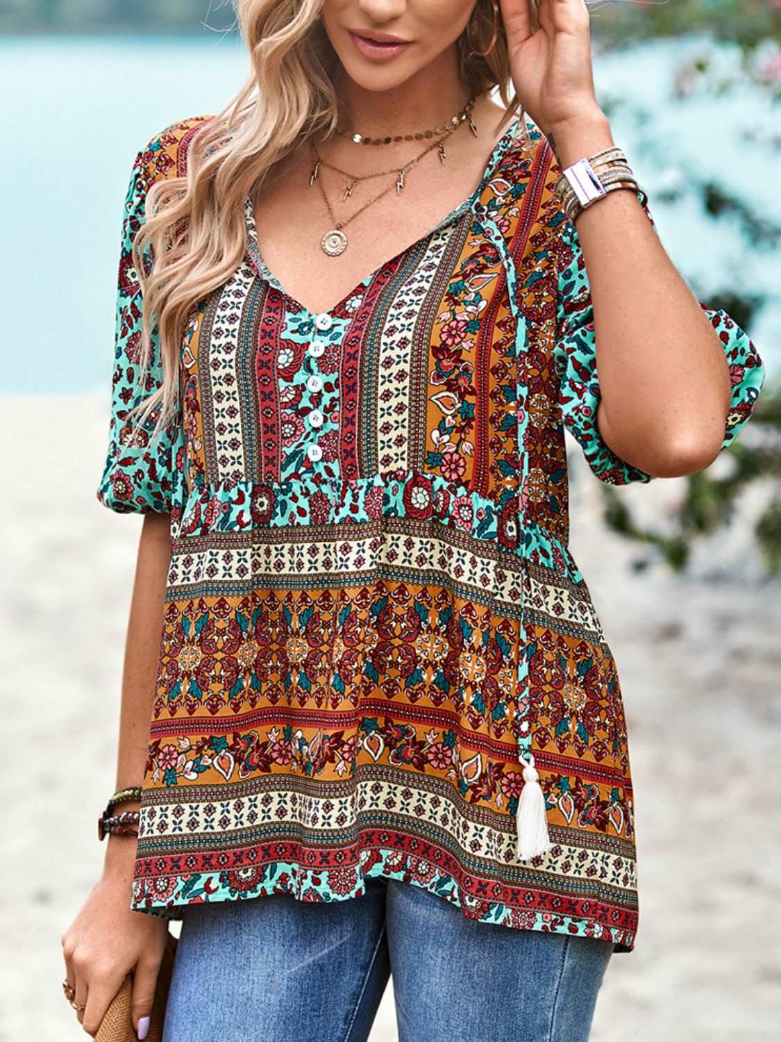 Bohemian Tie-Neck Babydoll Top with Flutter Sleeves