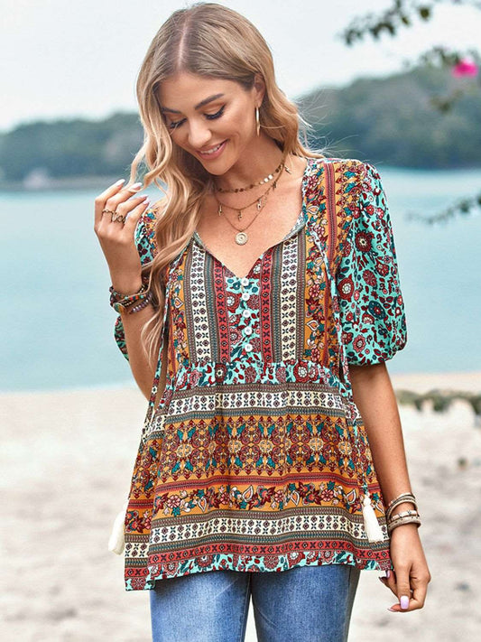 Bohemian Tie-Neck Babydoll Top with Flutter Sleeves Multicolor
