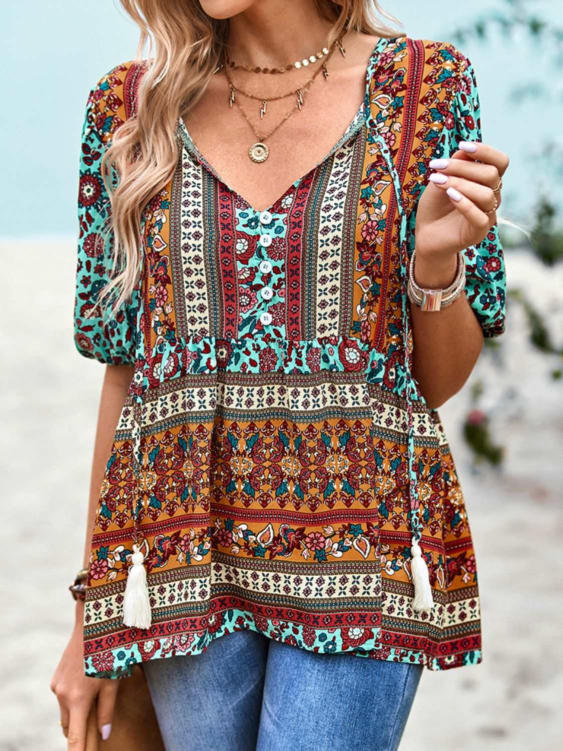 Bohemian Tie-Neck Babydoll Top with Flutter Sleeves