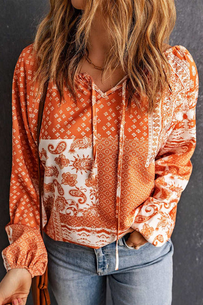 Bohemian Tie-Neck Balloon Sleeve Blouse Orange