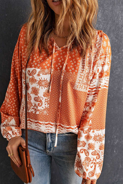 Bohemian Tie-Neck Balloon Sleeve Blouse