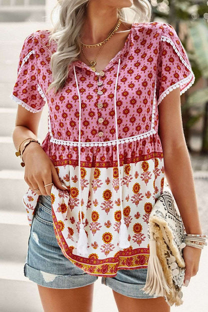 Bohemian Tie Neck Button-Up Blouse