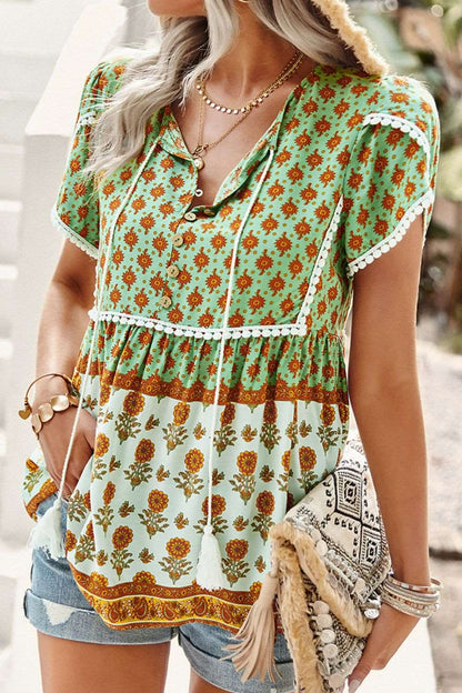 Bohemian Tie Neck Button-Up Blouse