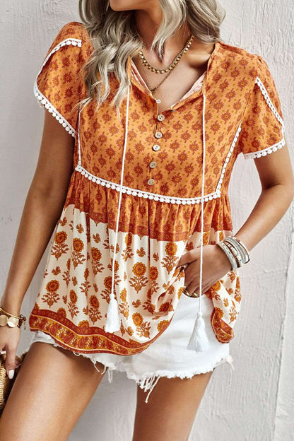 Bohemian Tie Neck Button-Up Blouse