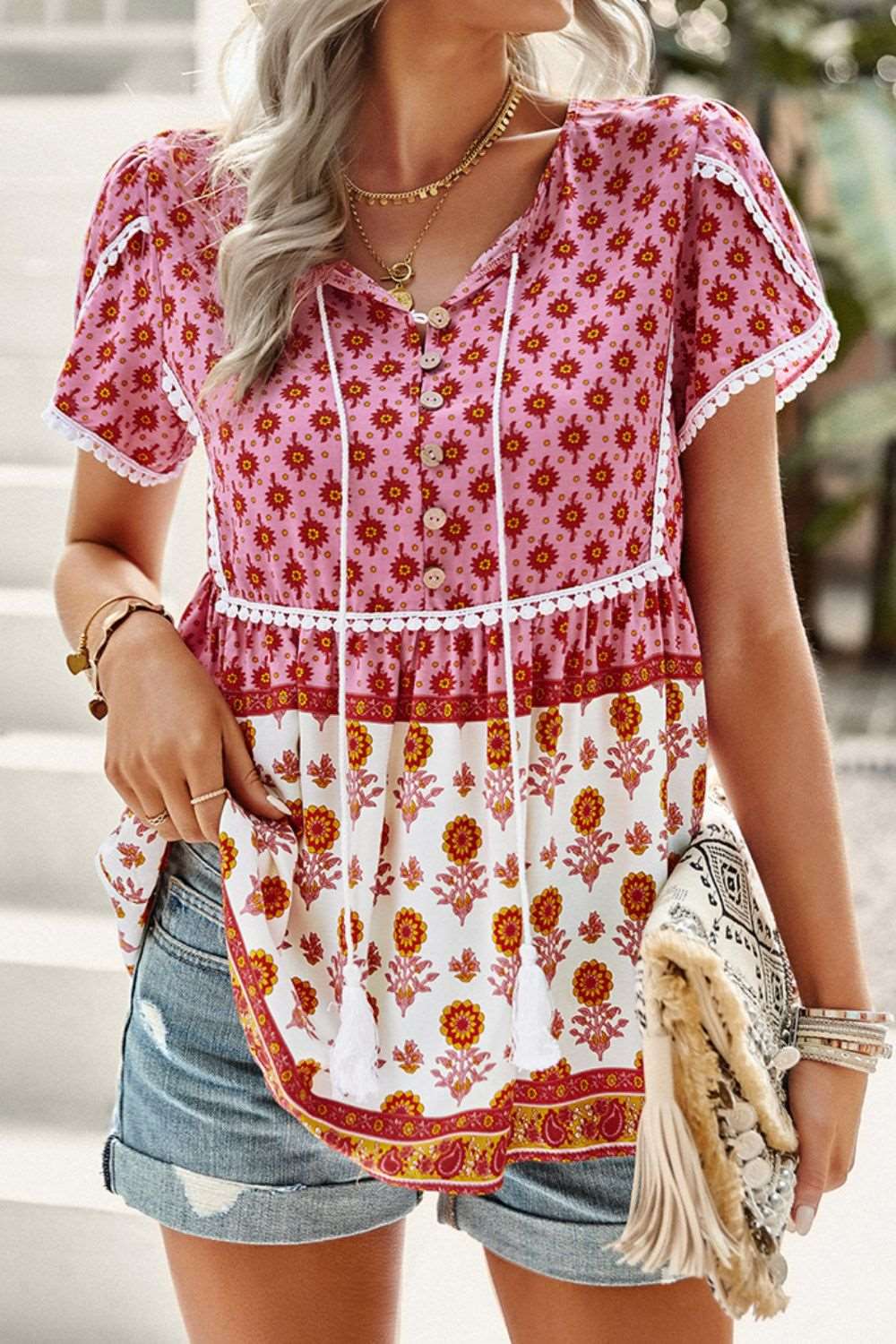 Bohemian Tie Neck Button-Up Blouse Carnation Pink