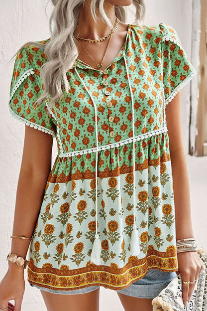 Bohemian Tie Neck Button-Up Blouse