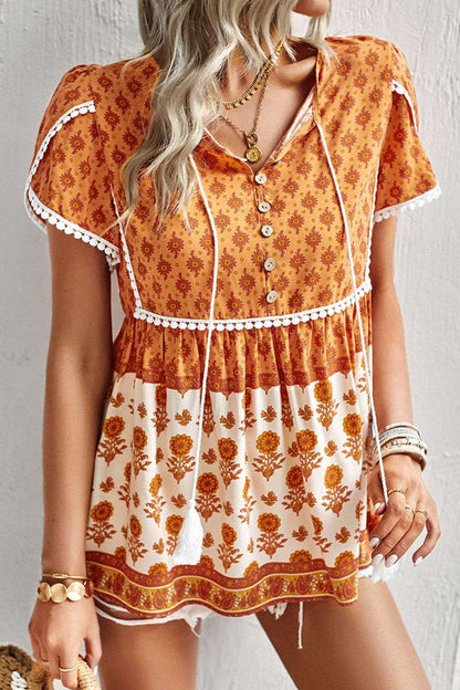 Bohemian Tie Neck Button-Up Blouse Tangerine