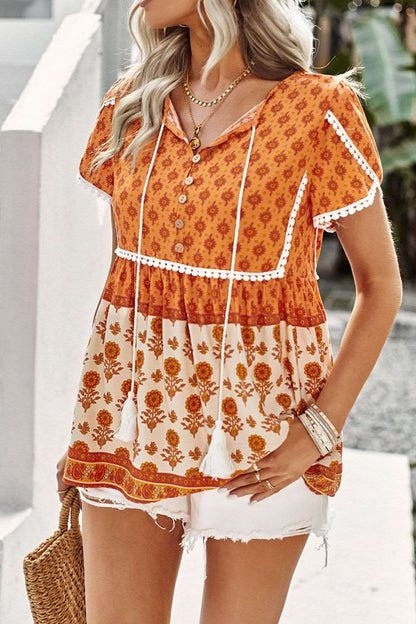 Bohemian Tie Neck Button-Up Blouse