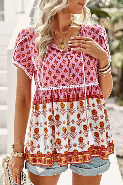 Bohemian Tie Neck Button-Up Blouse