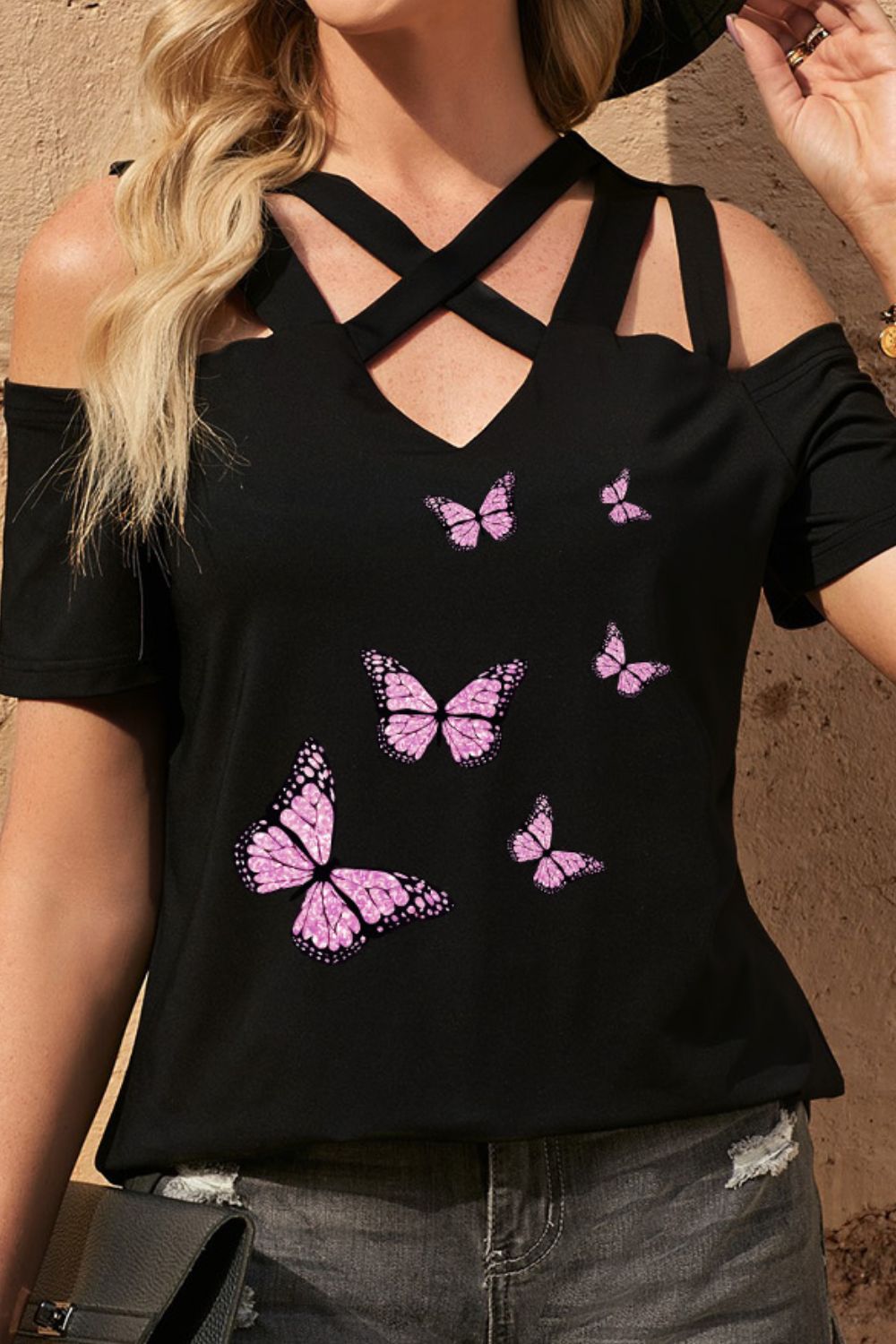 Butterfly Cold-Shoulder Top with Graphic Straps
