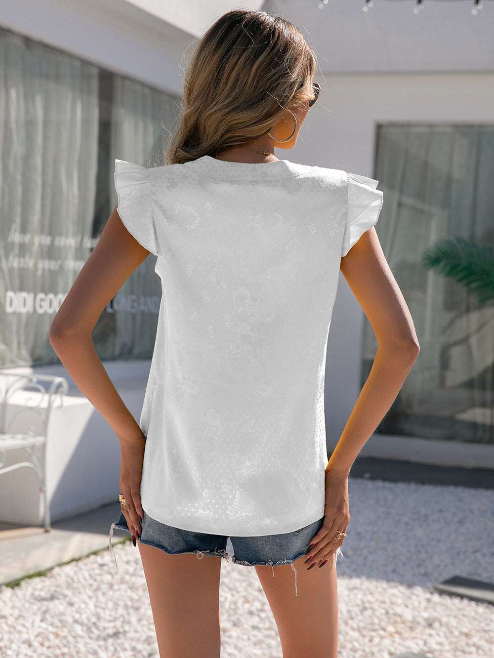 Butterfly-Sleeved Notch Neck Blouse