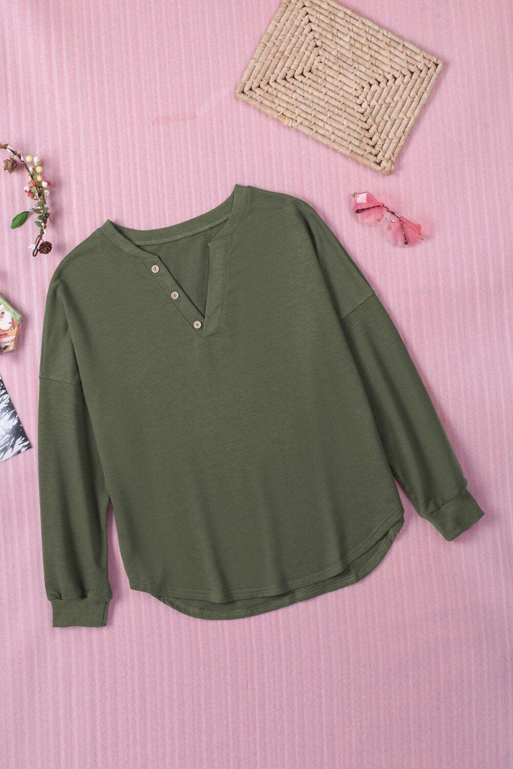 Button-Front Curved Hem Top Olive