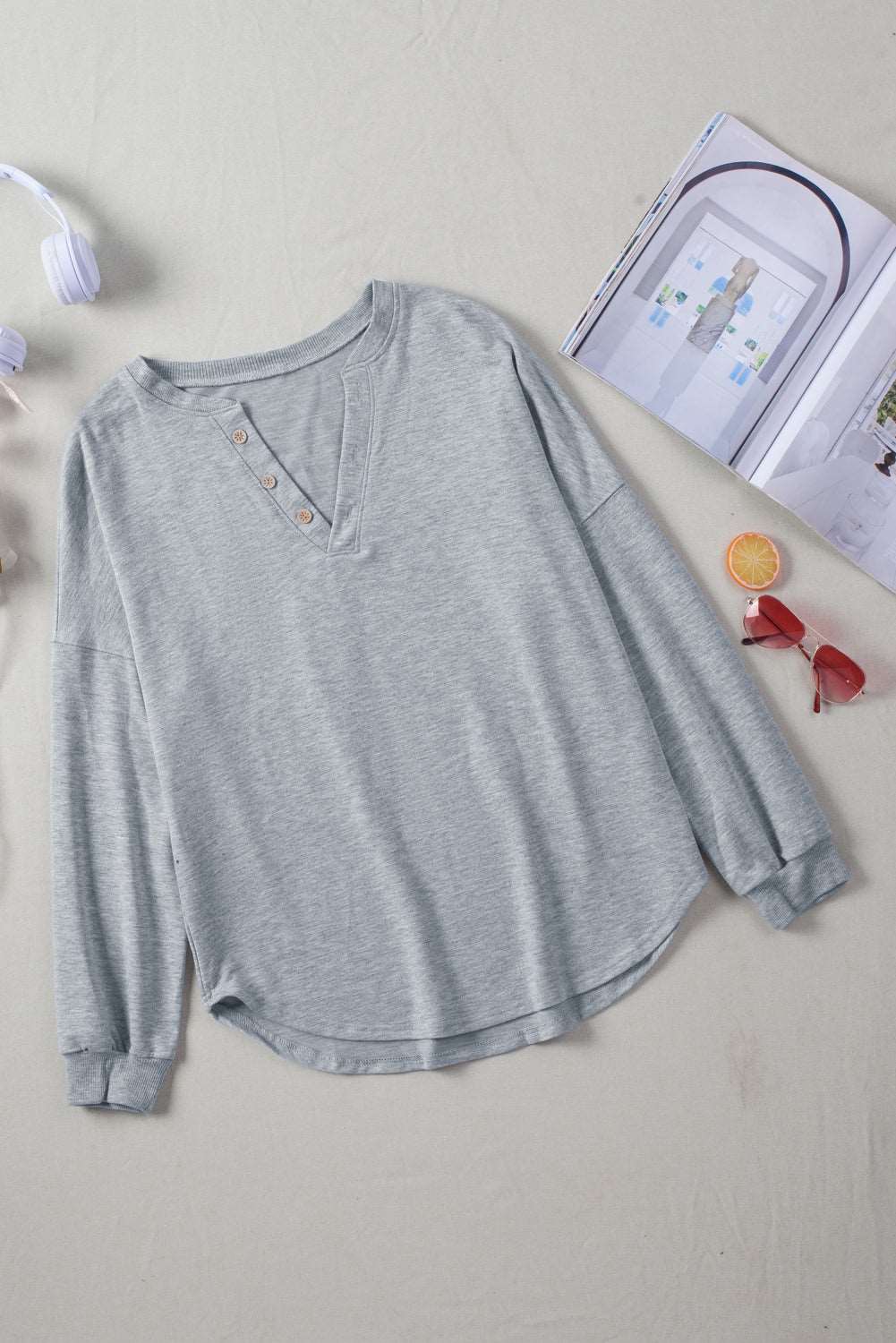 Button-Front Curved Hem Top Gray