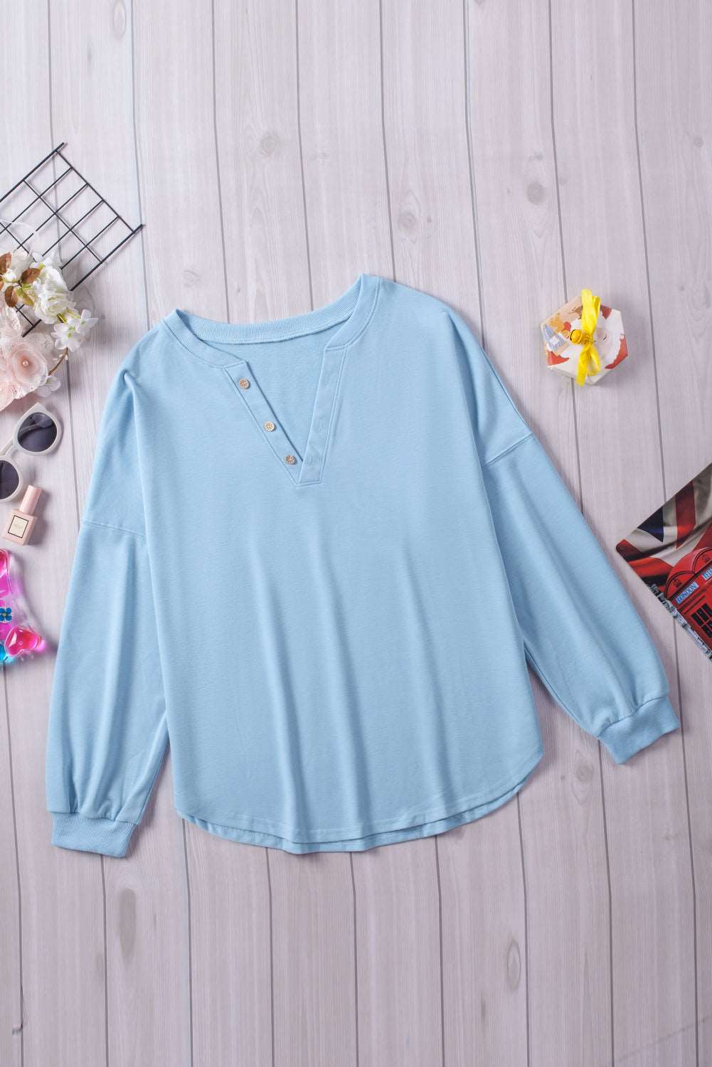 Button-Front Curved Hem Top Blue