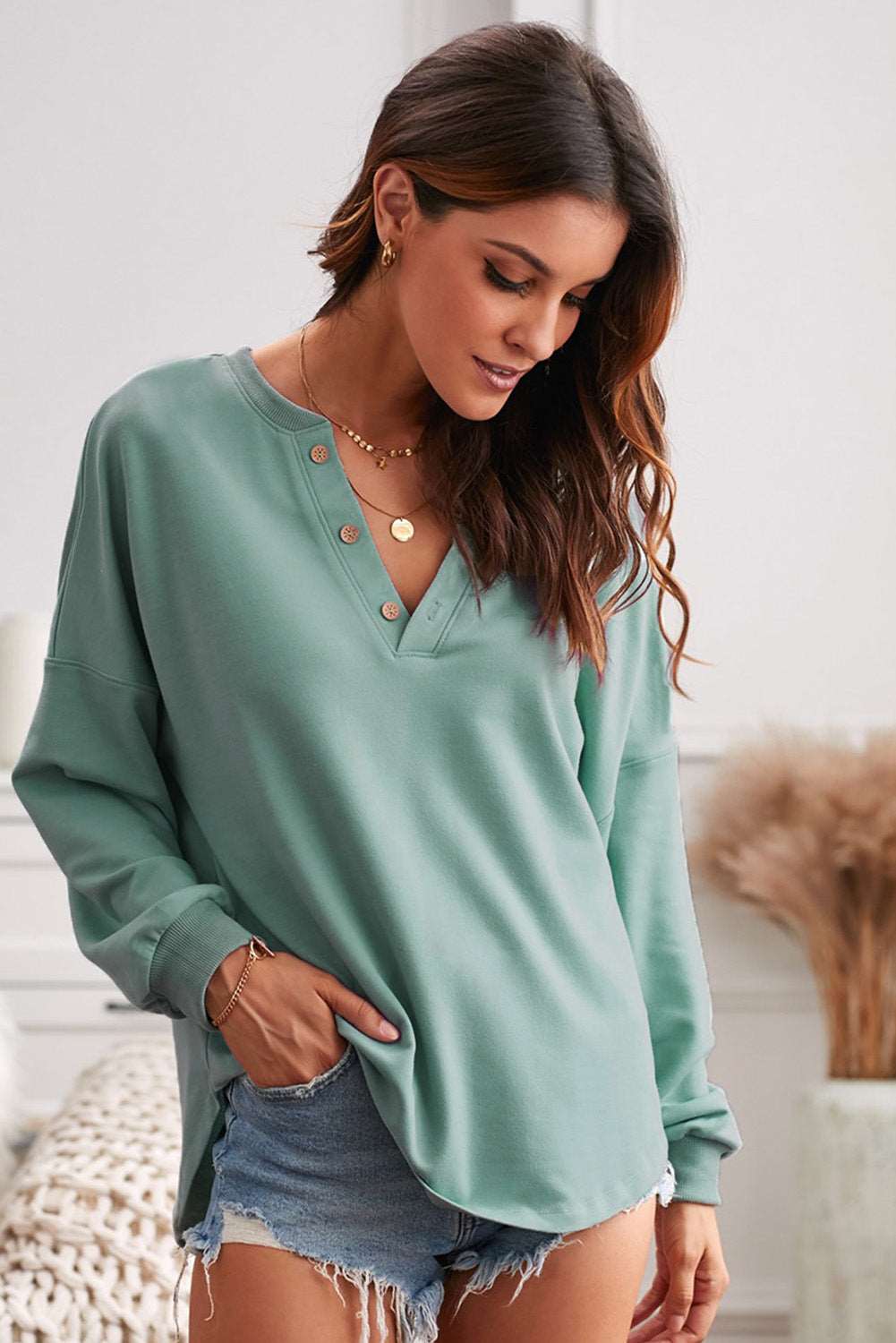 Button-Front Curved Hem Top