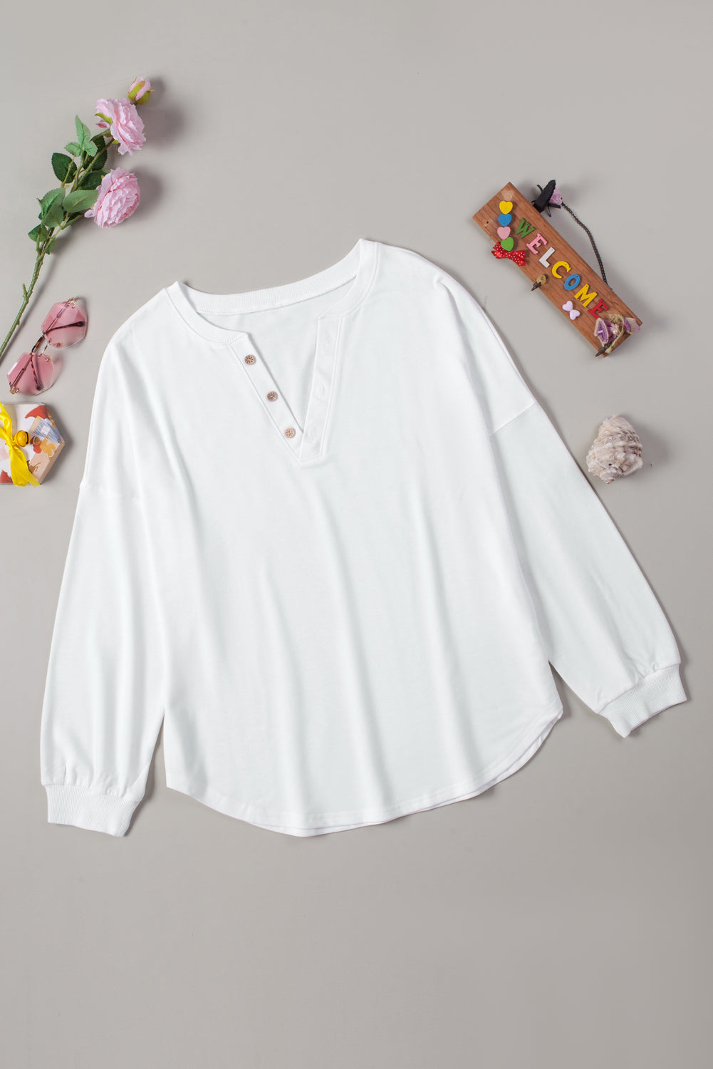 Button-Front Curved Hem Top White