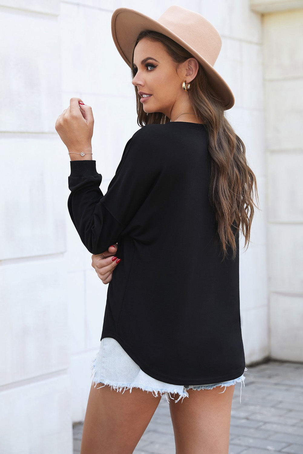 Button-Front Curved Hem Top