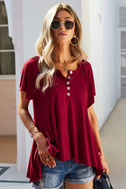 Button-Up Puff Sleeve Top Wine