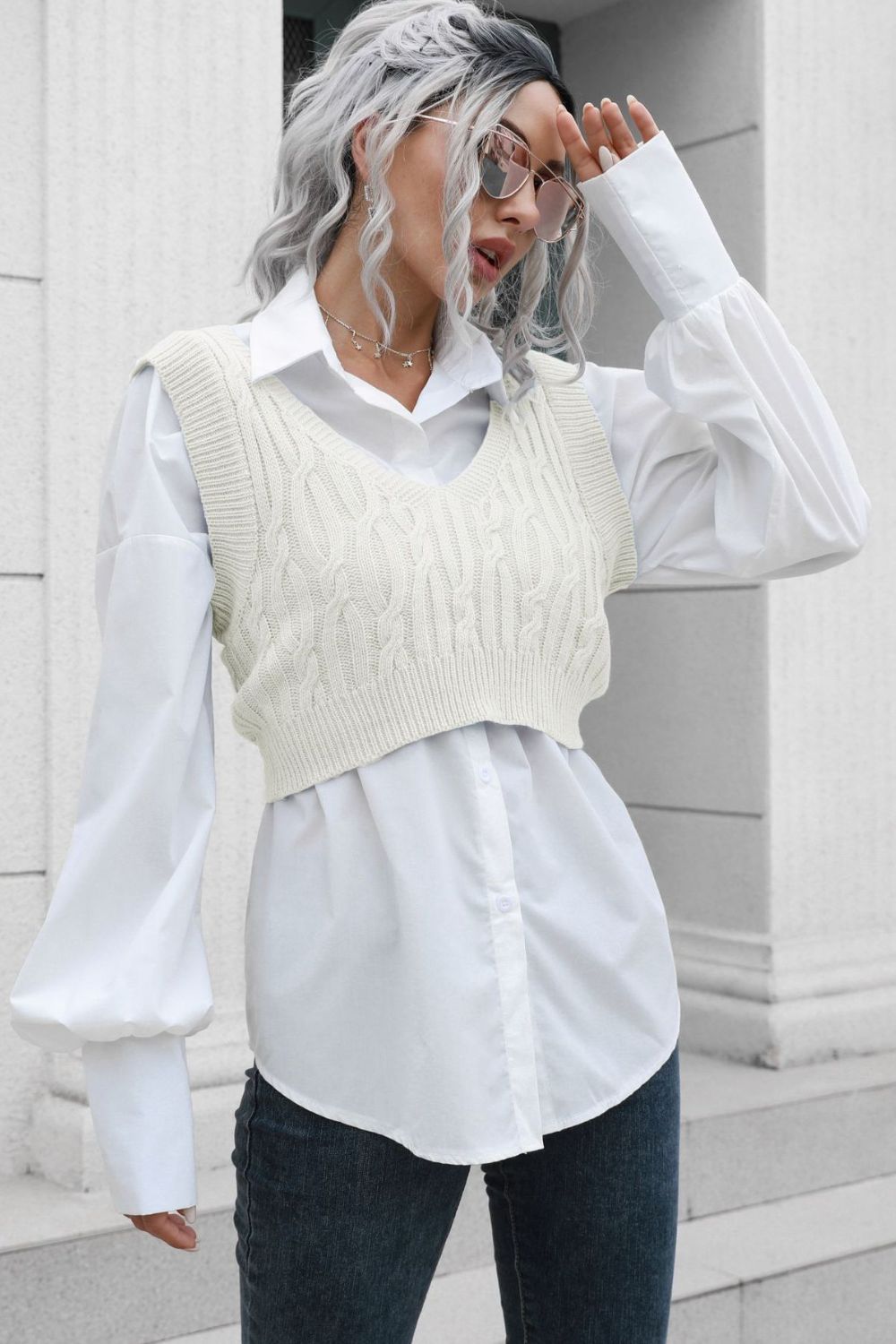 Cable-Knit Cropped V-Neck Vest