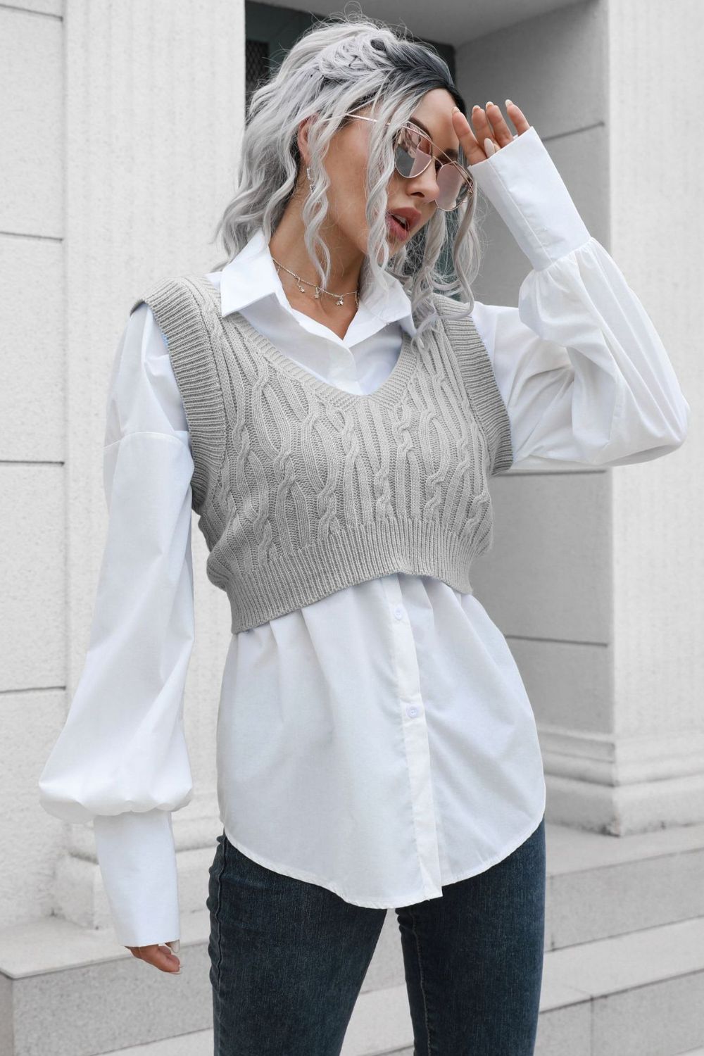 Cable-Knit Cropped V-Neck Vest