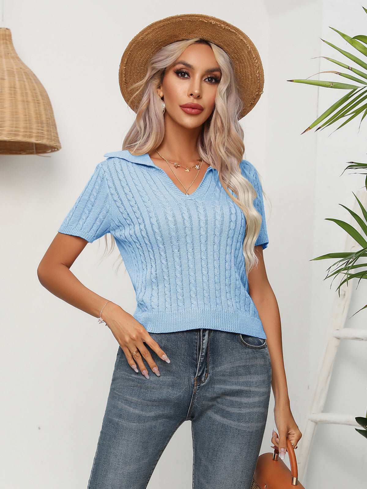 Cable-Knit Johnny Collar Crop Top Pastel Blue