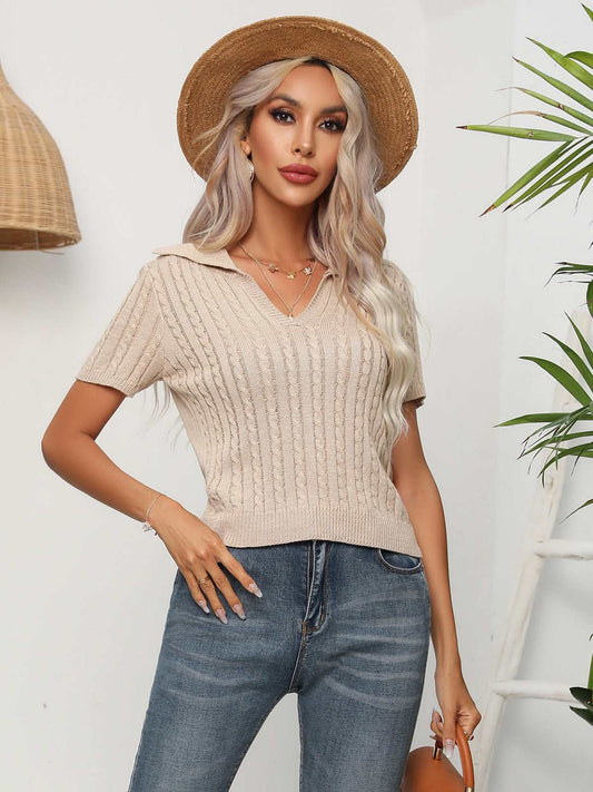 Cable-Knit Johnny Collar Crop Top Sand