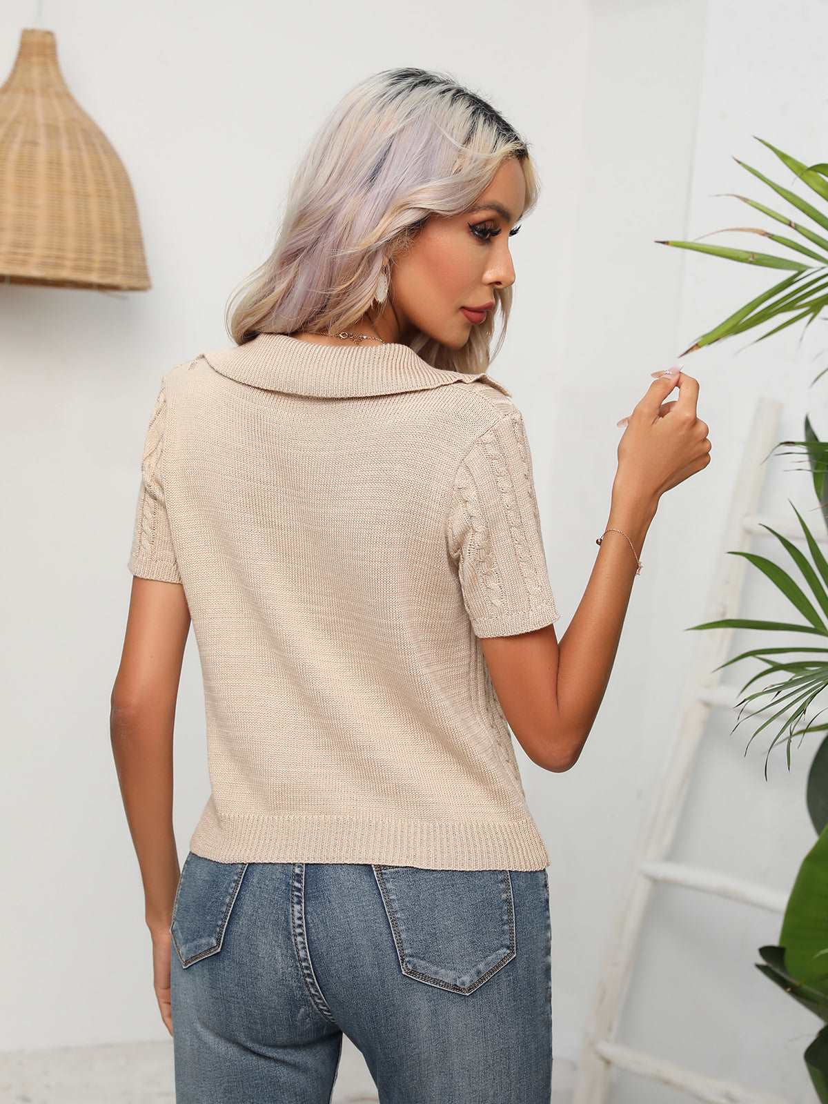 Cable-Knit Johnny Collar Crop Top