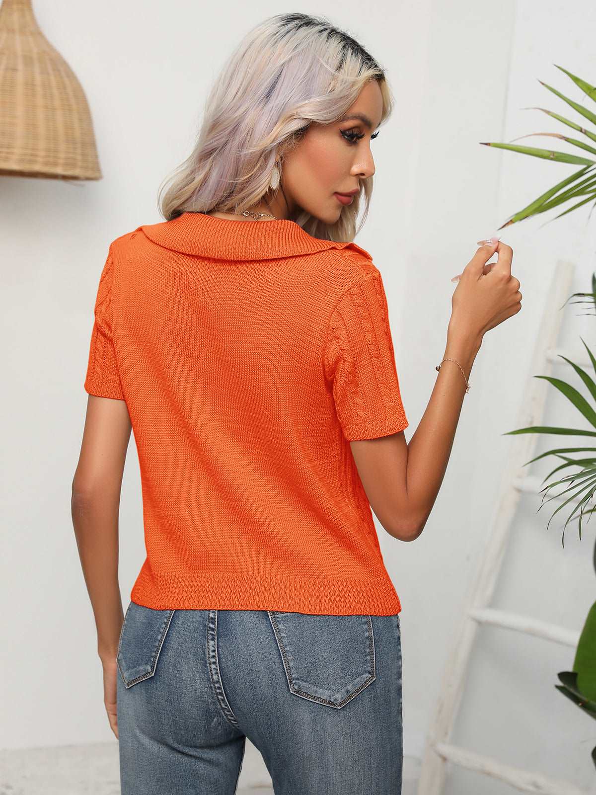 Cable-Knit Johnny Collar Crop Top