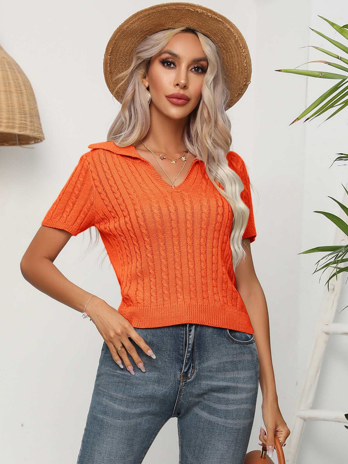 Cable-Knit Johnny Collar Crop Top