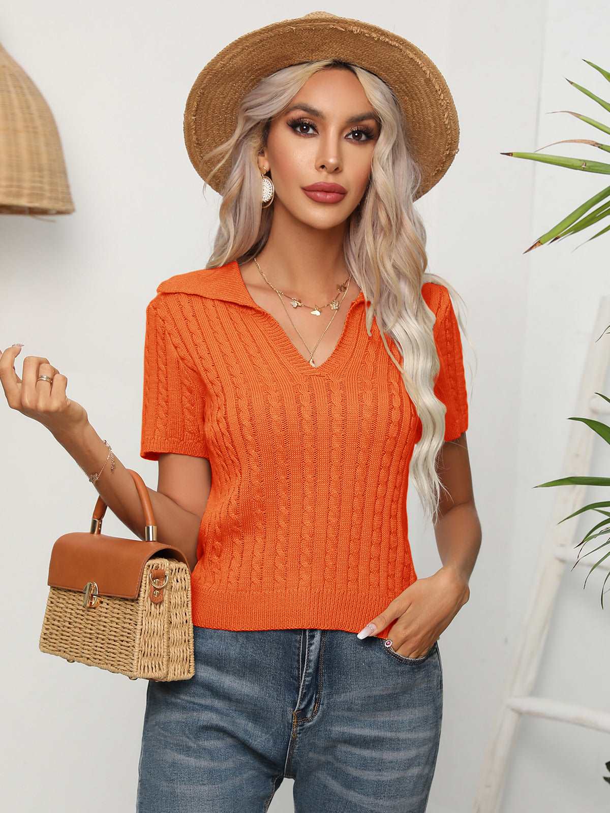 Cable-Knit Johnny Collar Crop Top Orange