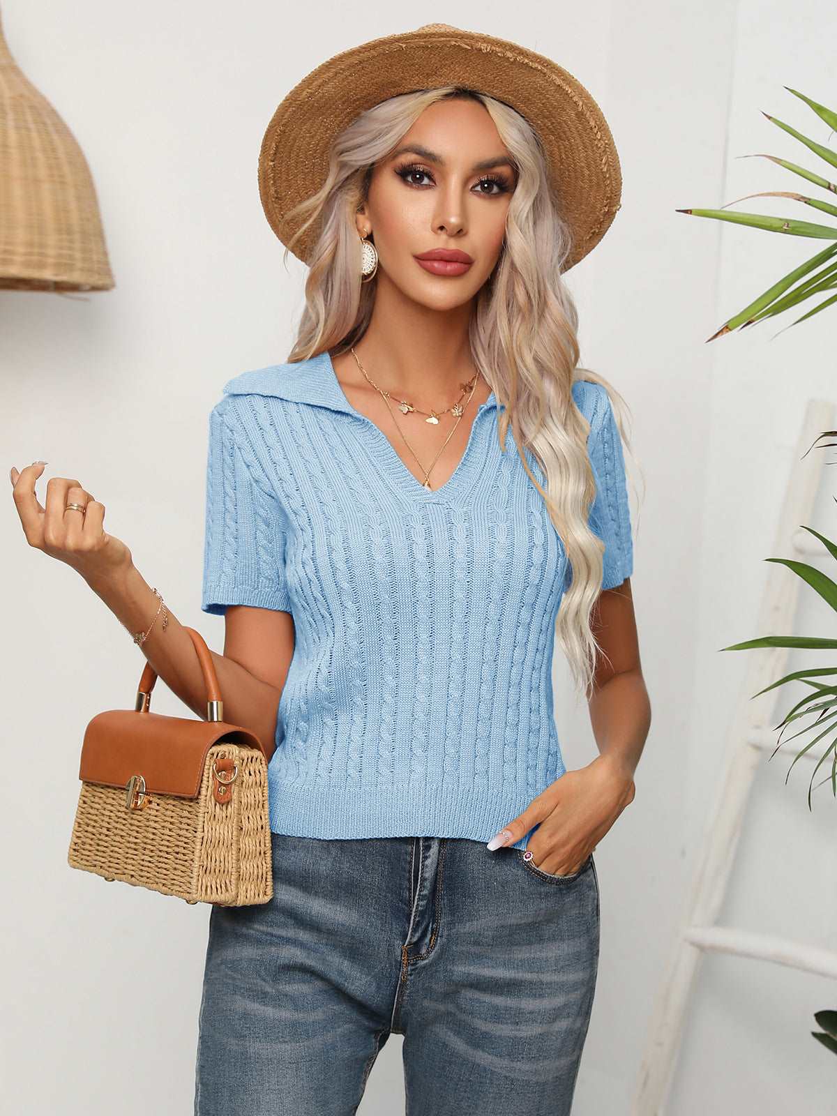 Cable-Knit Johnny Collar Crop Top