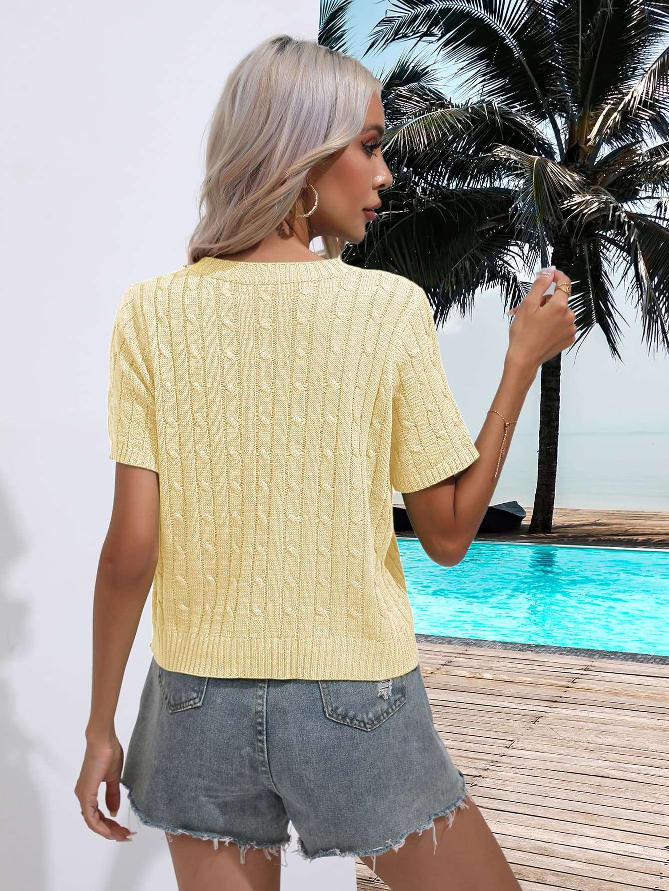 Cable-Knit Ribbed Round Neck Short Sleeve Knit Top