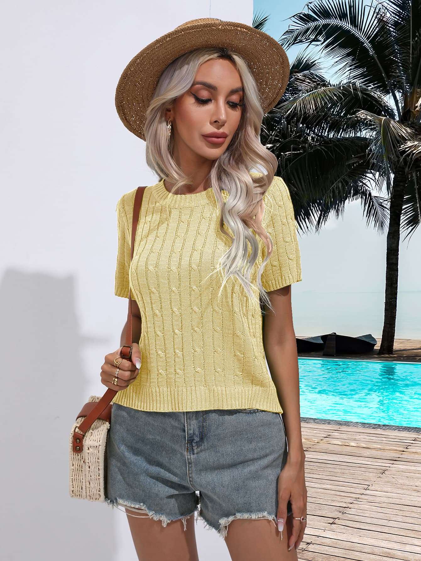 Cable-Knit Ribbed Round Neck Short Sleeve Knit Top