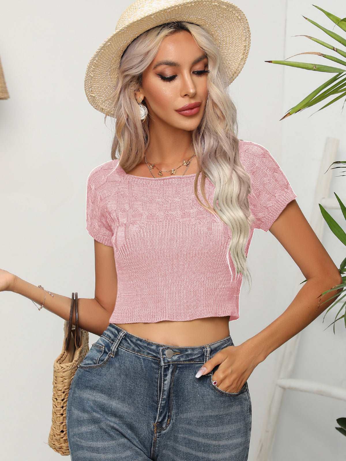 Cable-Knit Ribbed Round Neck Short Sleeve Women's Knit Top