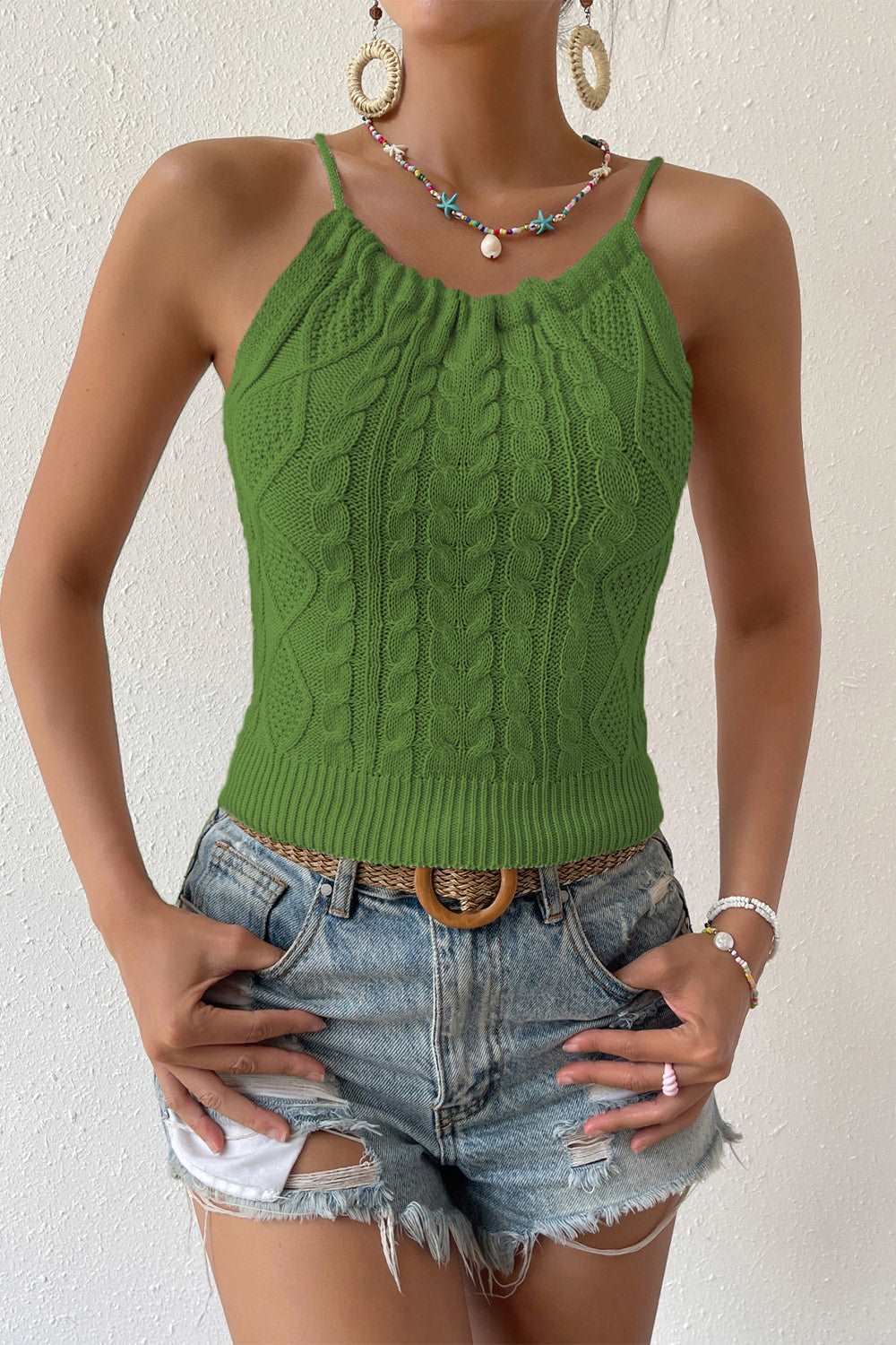 Cable-Knit Round Neck Sleeveless Knit Top Moss