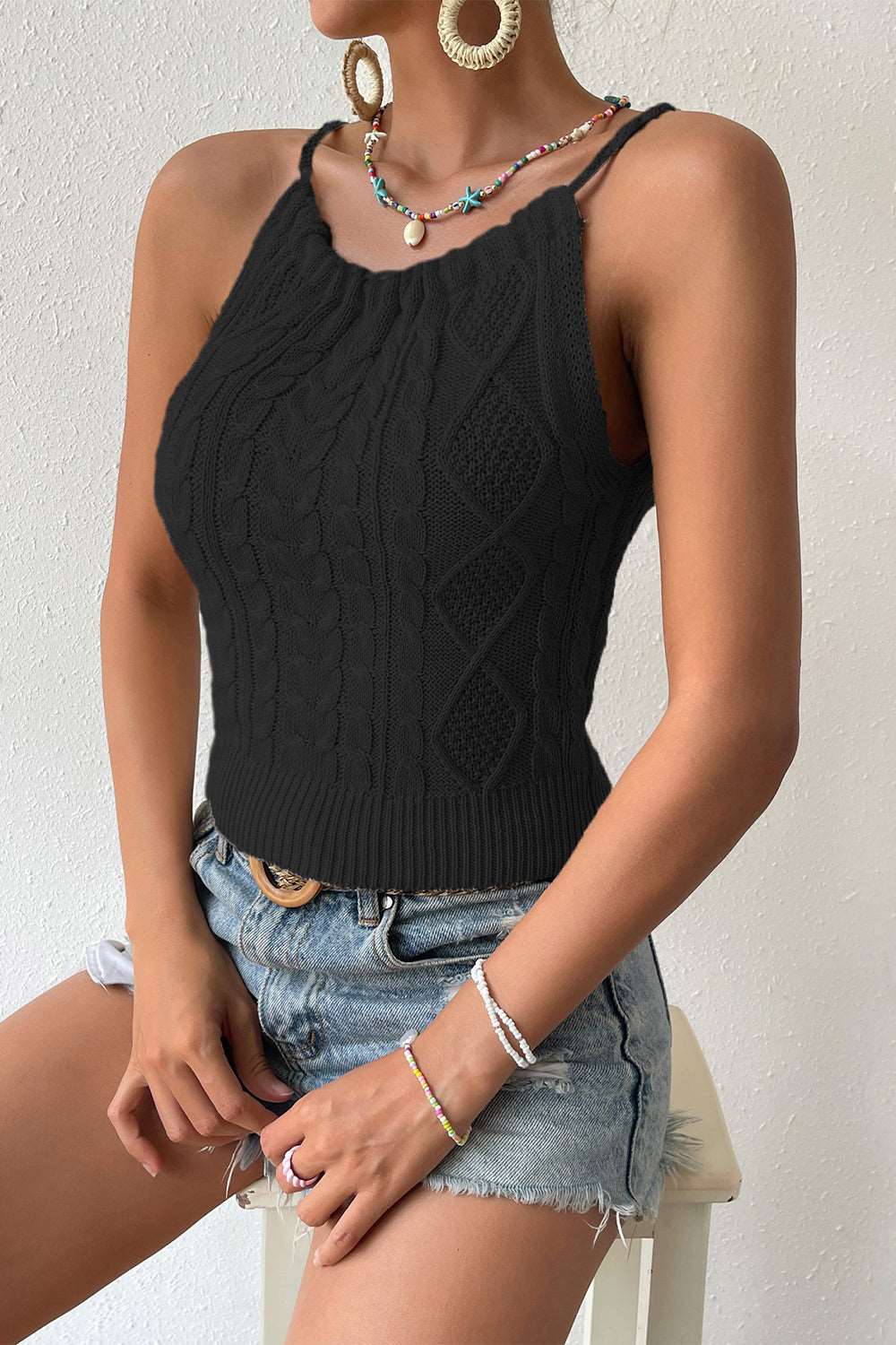 Cable-Knit Round Neck Sleeveless Knit Top