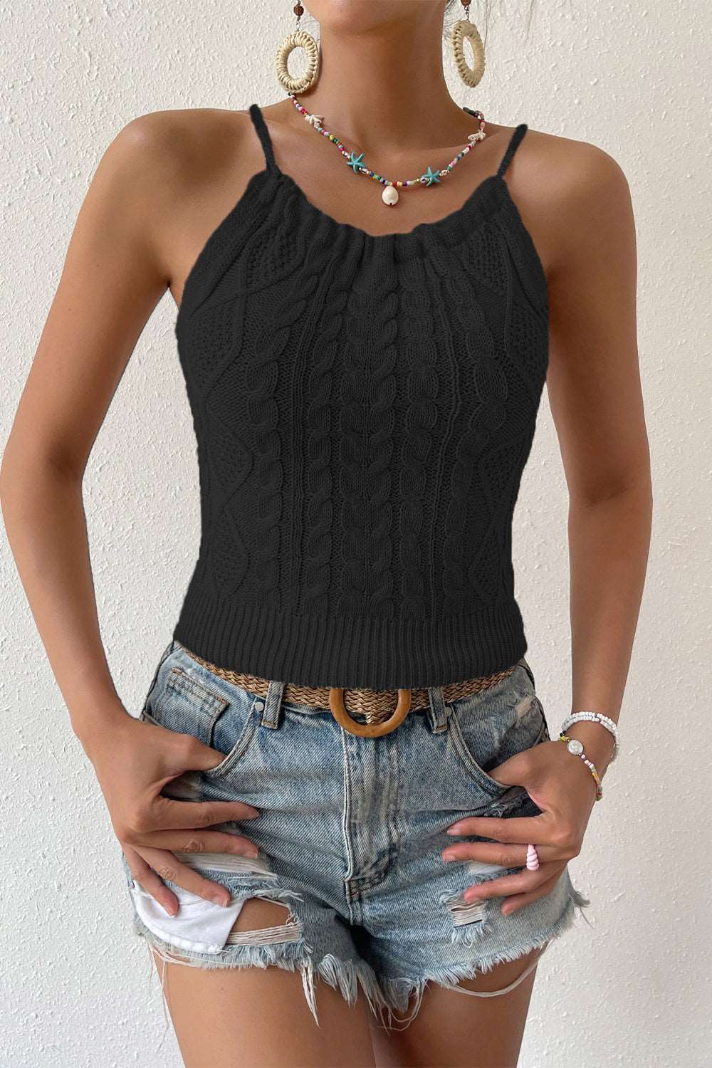 Cable-Knit Round Neck Sleeveless Knit Top Black