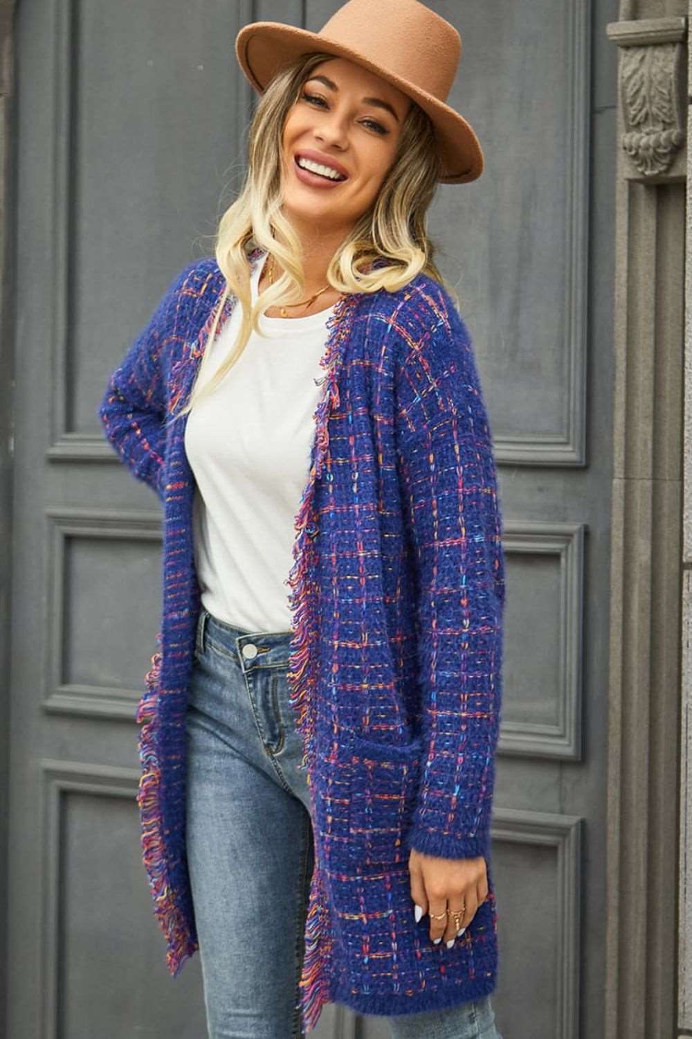 Cardigan with Plaid Fringe Trim and Open Front Longline Design for Women