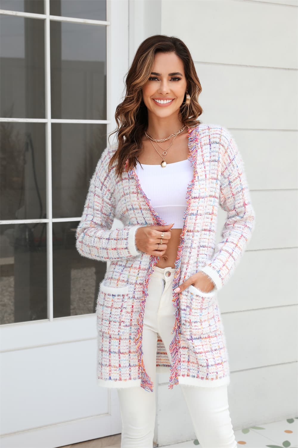 Cardigan with Plaid Fringe Trim and Open Front Longline Design for Women Blush Pink